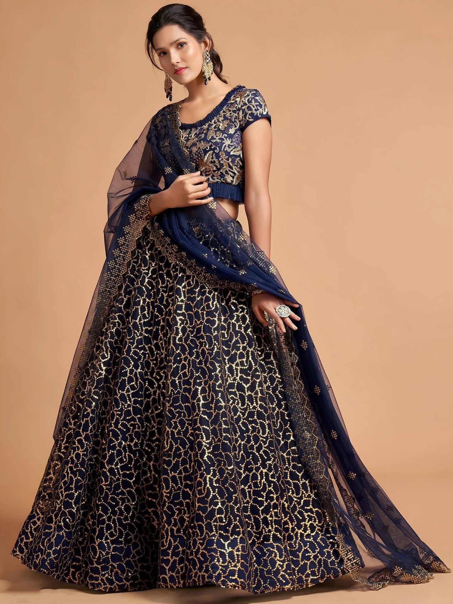 Tulsi Art Navy Blue Thread Embroidered Net Wedding Wear Lehenga Choli
