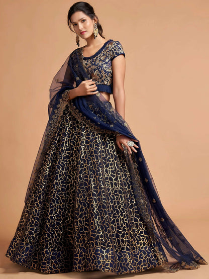 Tulsi Art Navy Blue Thread Embroidered Net Wedding Wear Lehenga Choli