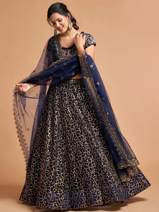 Tulsi Art Navy Blue Thread Embroidered Net Wedding Wear Lehenga Choli