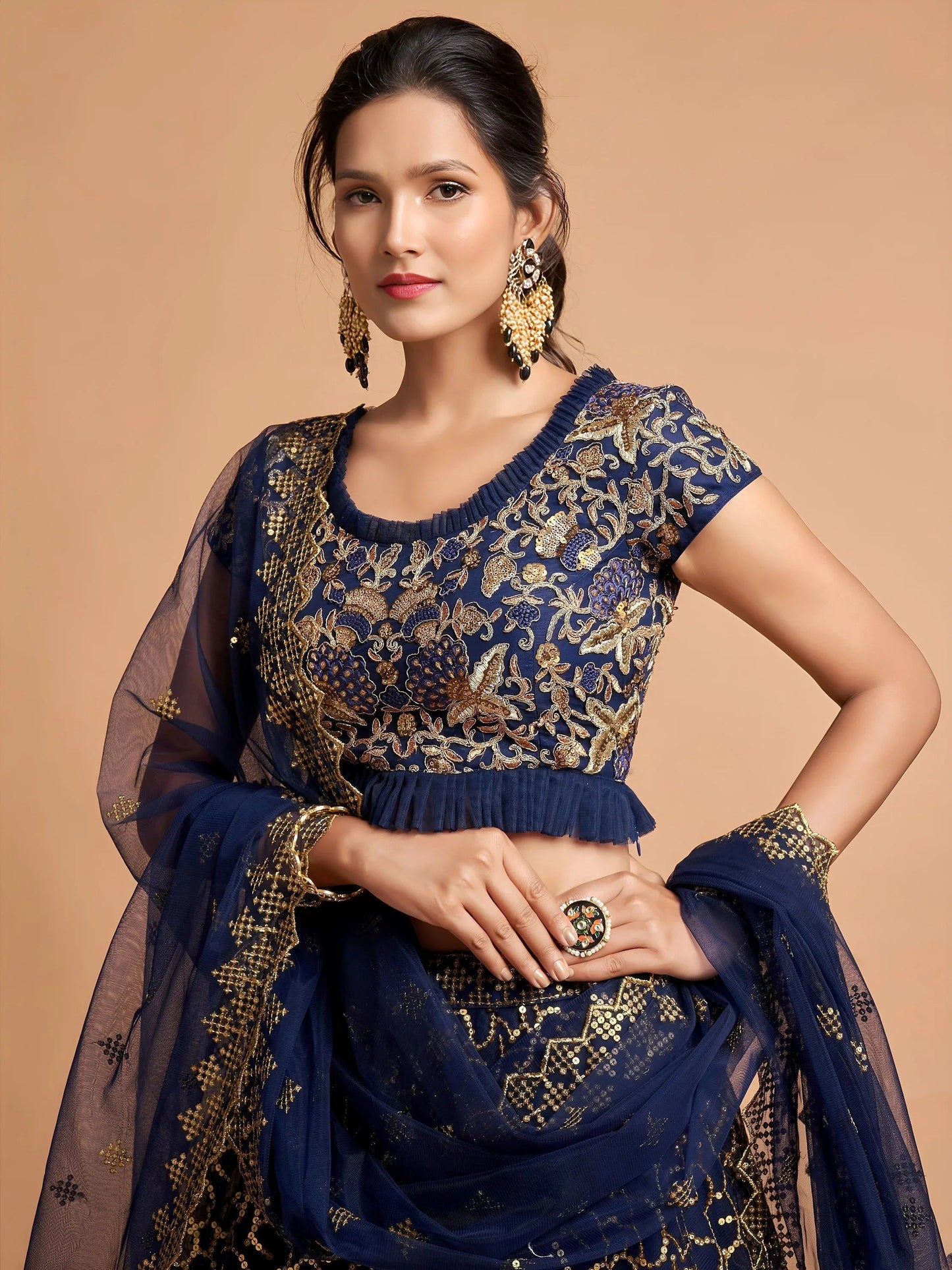 Tulsi Art Navy Blue Thread Embroidered Net Wedding Wear Lehenga Choli