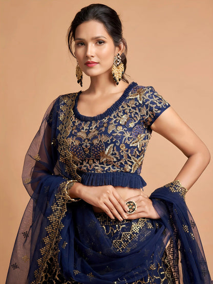 Tulsi Art Navy Blue Thread Embroidered Net Wedding Wear Lehenga Choli
