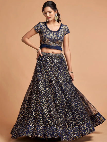 Tulsi Art Navy Blue Thread Embroidered Net Wedding Wear Lehenga Choli