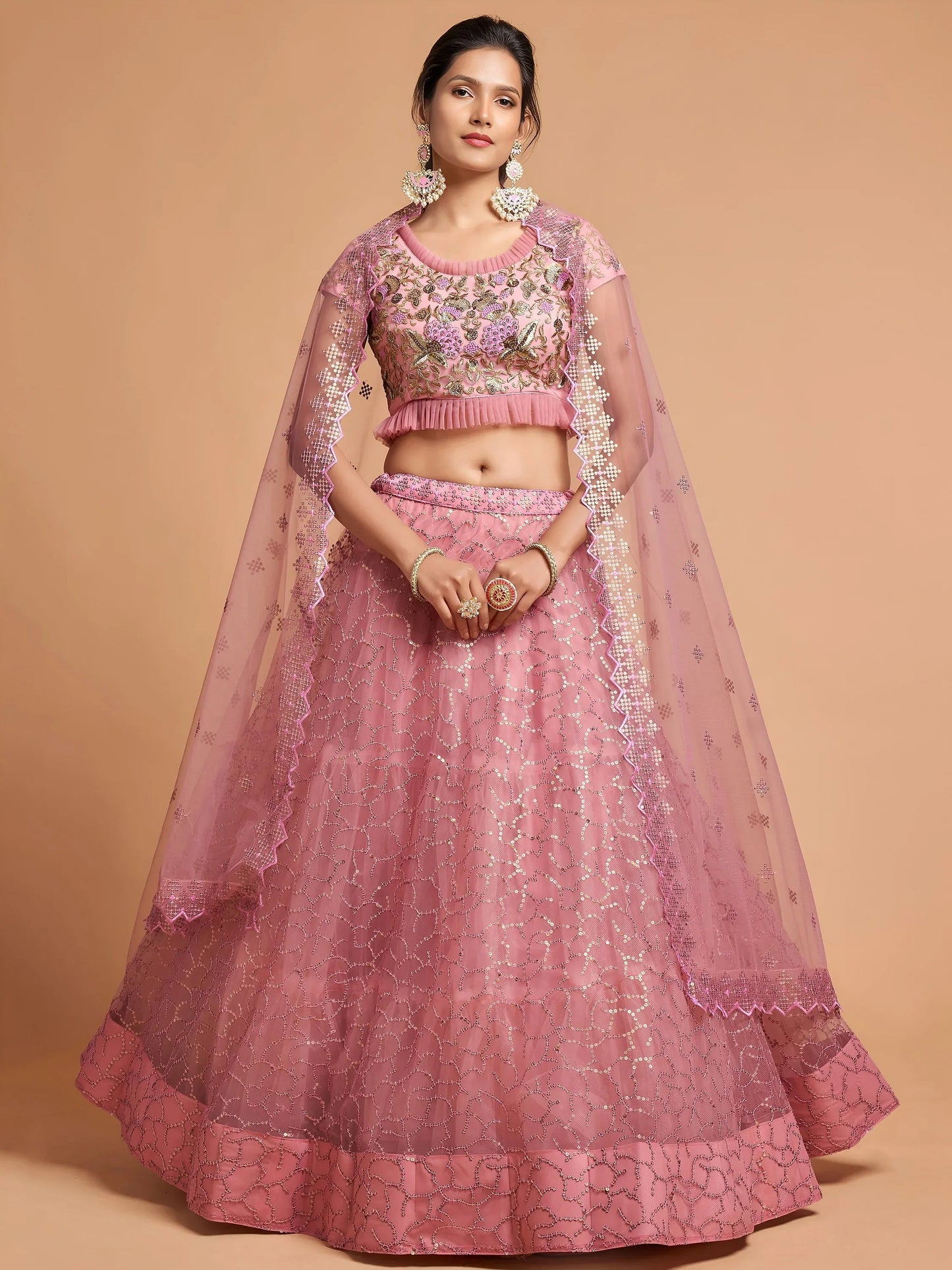 Tulsi Art Blush Pink Dori Thread Embroidered Net Wedding Lehenga Choli