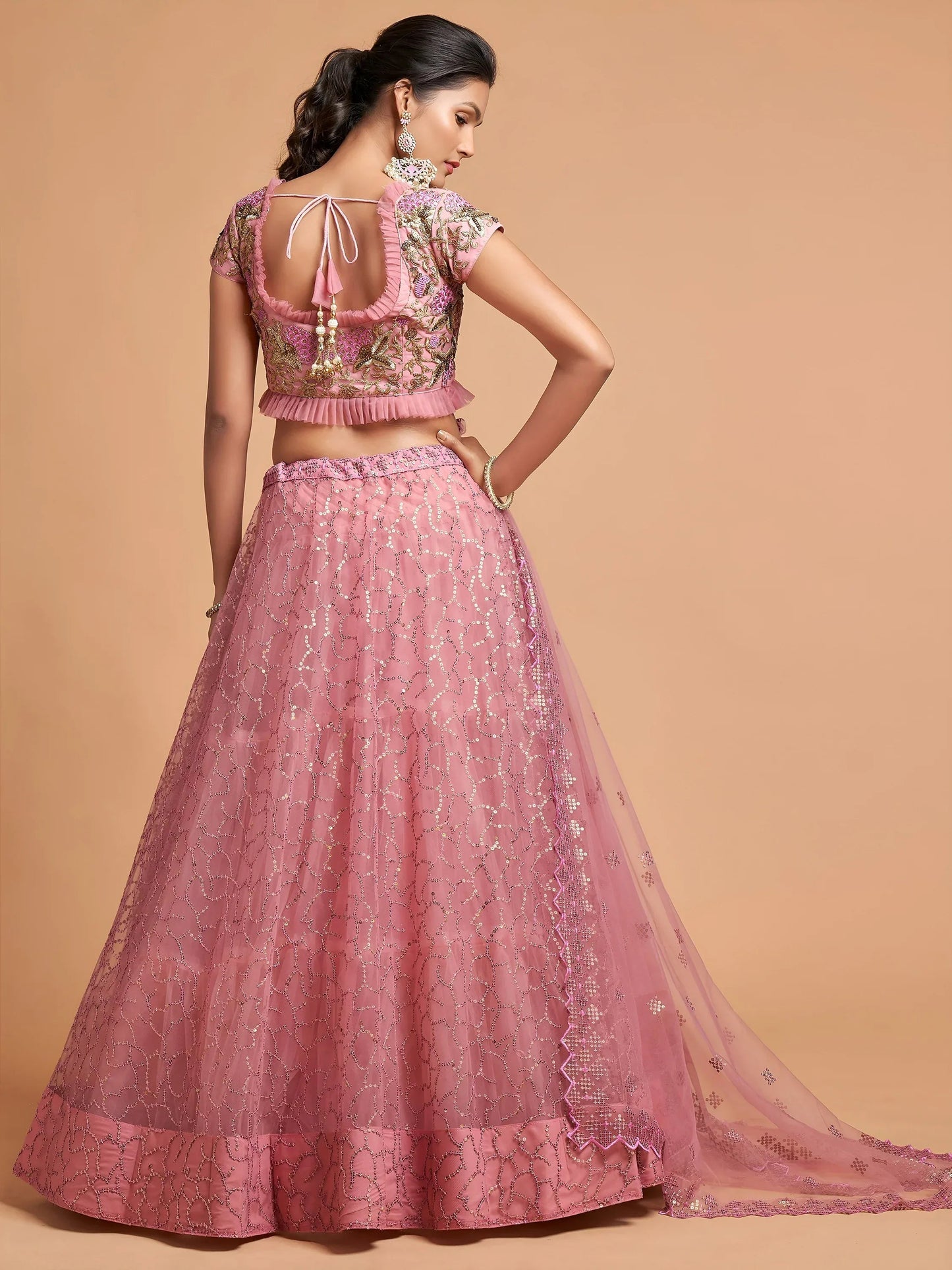 Tulsi Art Blush Pink Dori Thread Embroidered Net Wedding Lehenga Choli