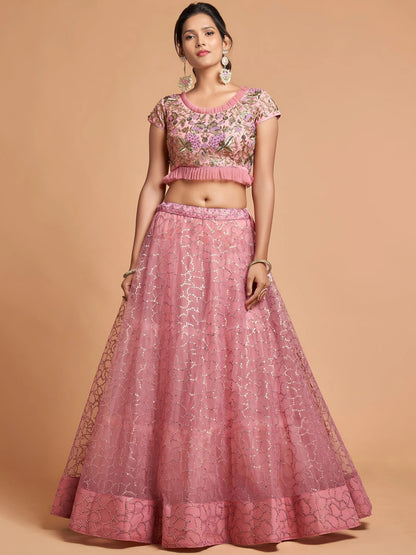 Tulsi Art Blush Pink Dori Thread Embroidered Net Wedding Lehenga Choli