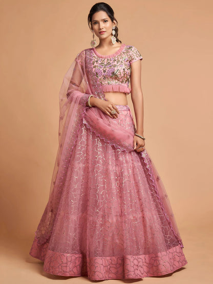 Tulsi Art Blush Pink Dori Thread Embroidered Net Wedding Lehenga Choli