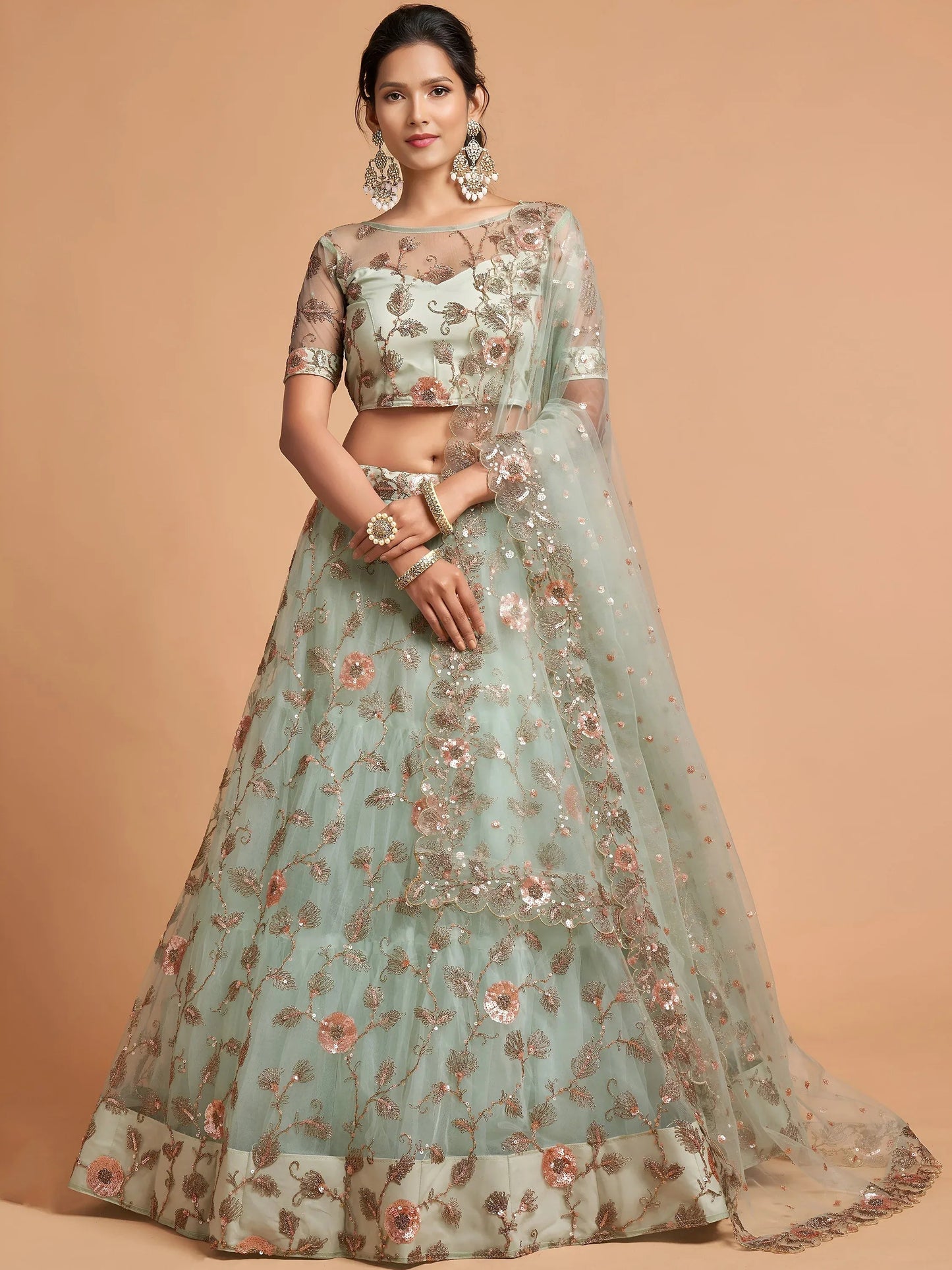 Tulsi Art Pista Green Dori Thread Embroidered Net Wedding Lehenga Choli