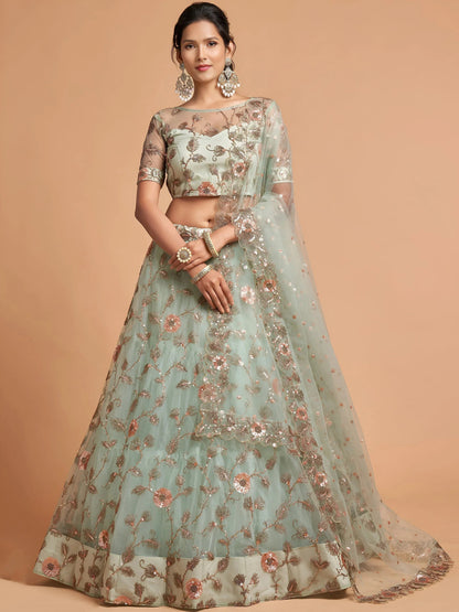 Tulsi Art Pista Green Dori Thread Embroidered Net Wedding Lehenga Choli