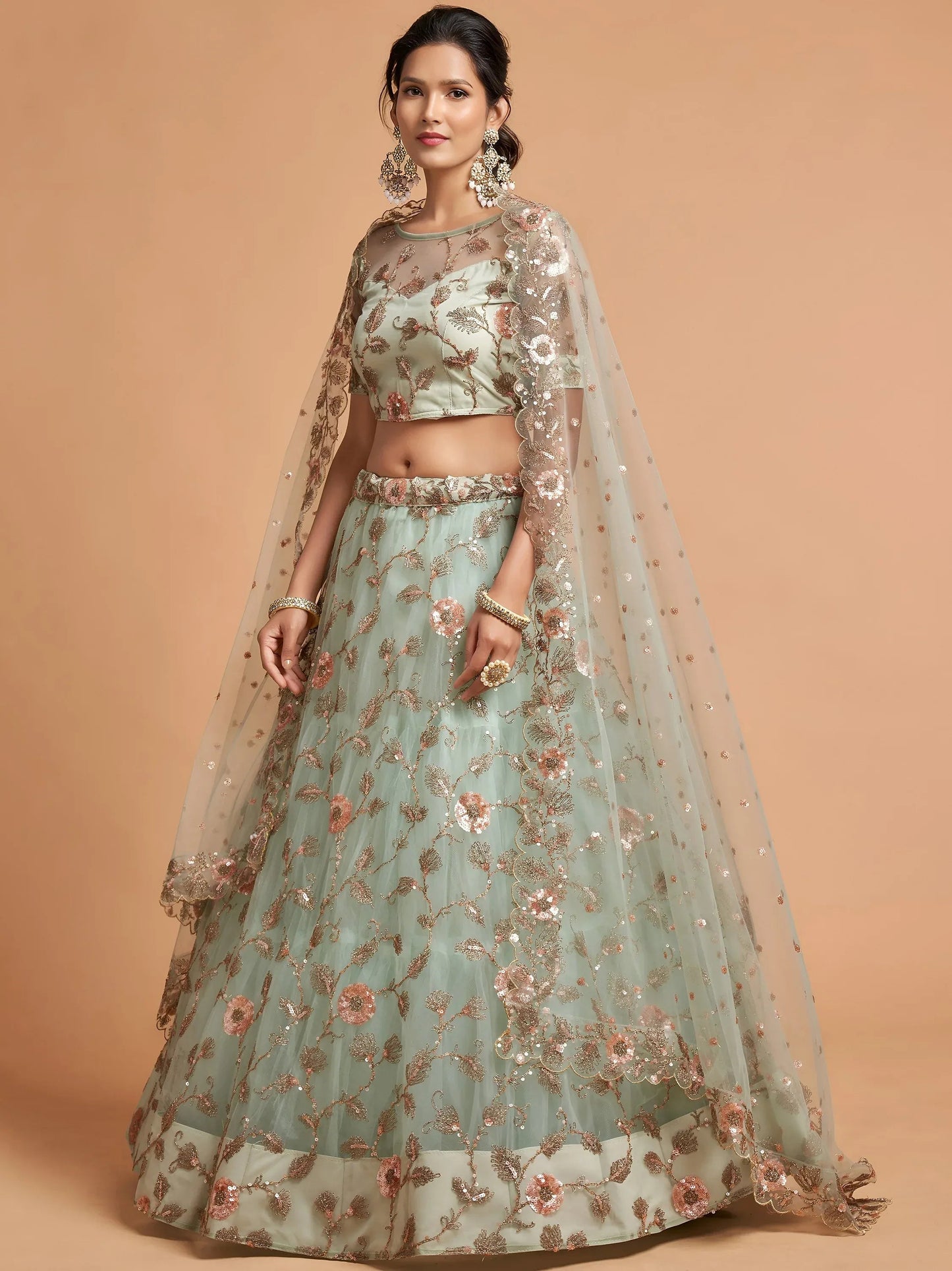Tulsi Art Pista Green Dori Thread Embroidered Net Wedding Lehenga Choli