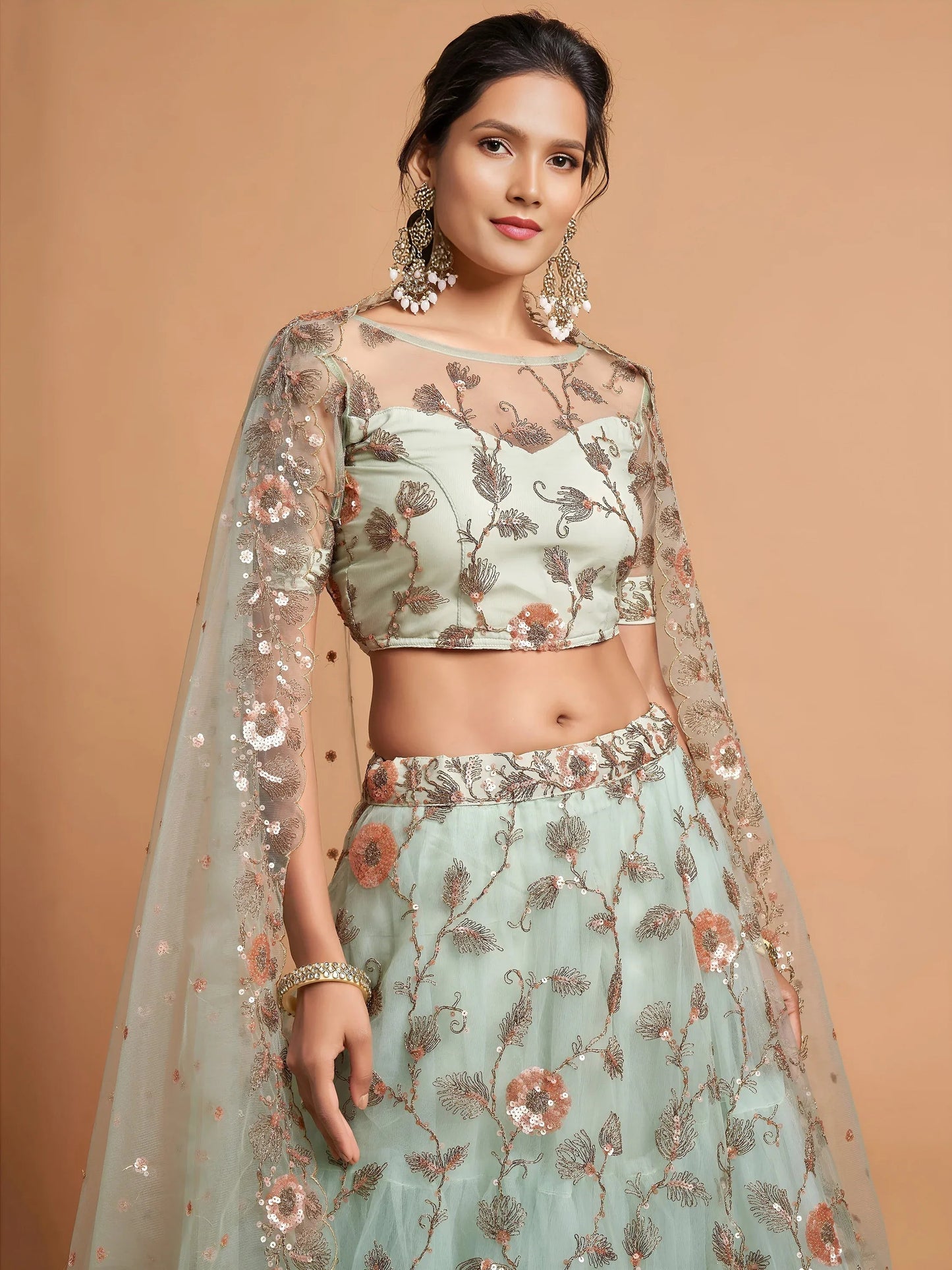 Tulsi Art Pista Green Dori Thread Embroidered Net Wedding Lehenga Choli