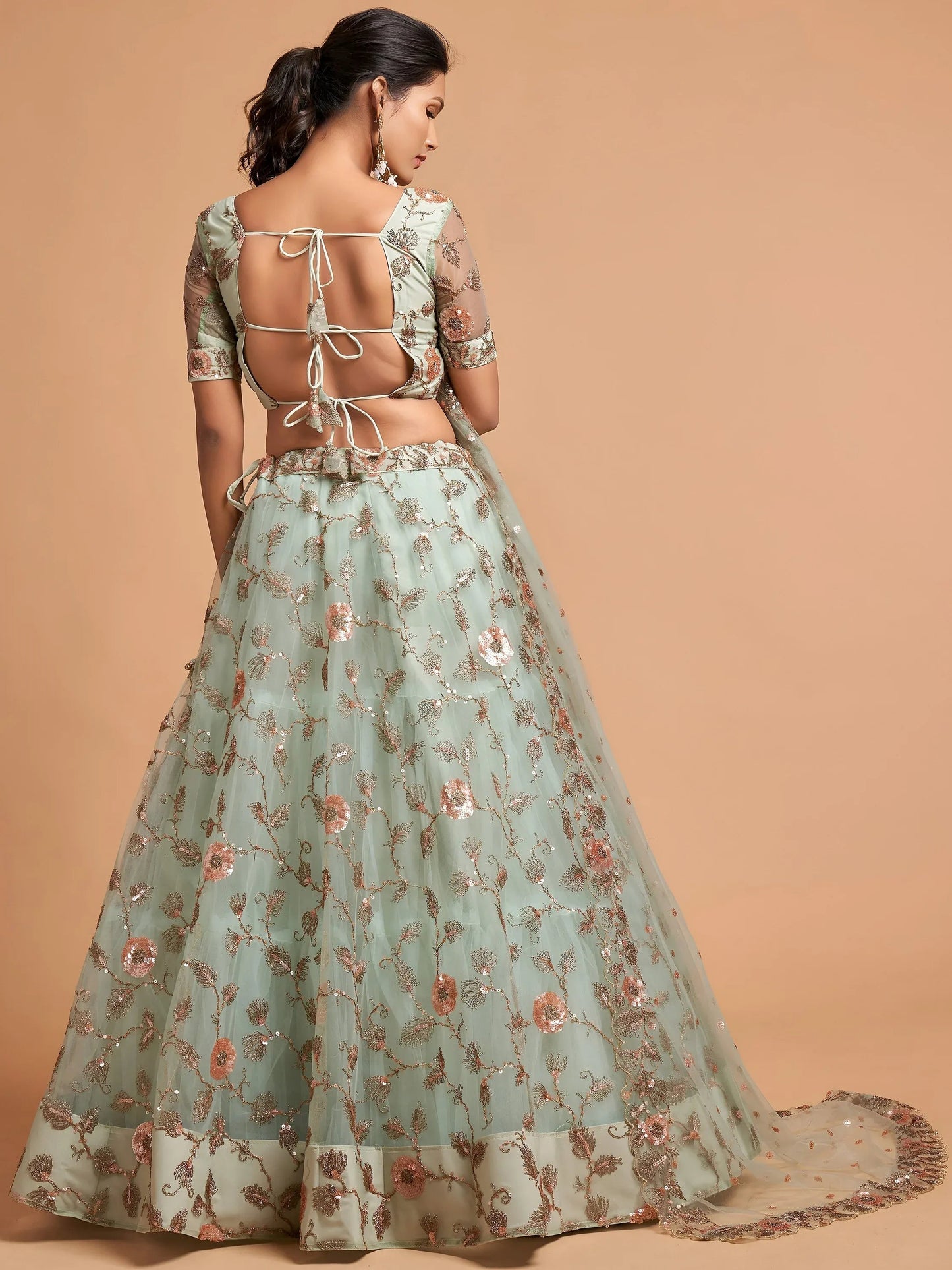 Tulsi Art Pista Green Dori Thread Embroidered Net Wedding Lehenga Choli