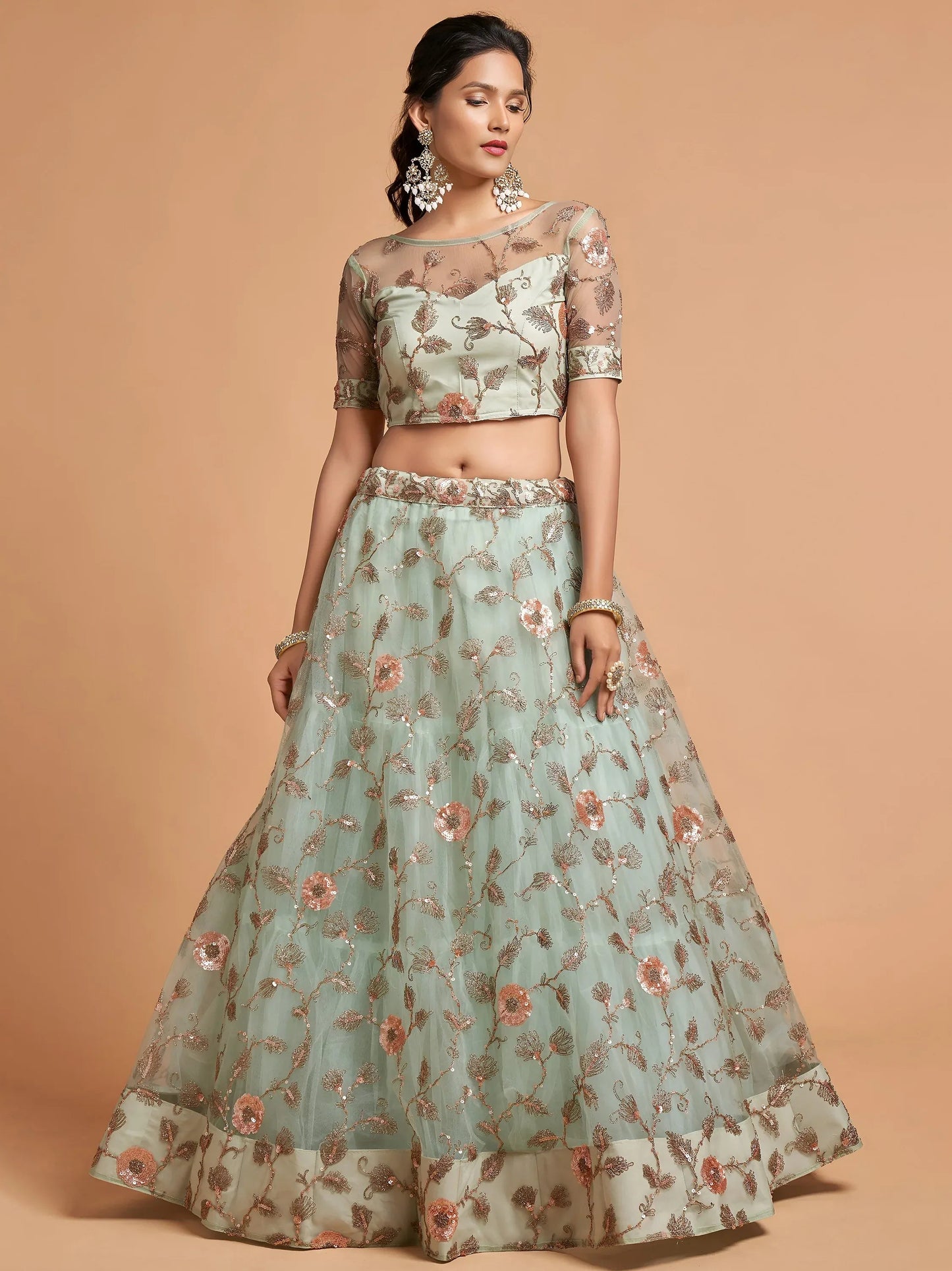 Tulsi Art Pista Green Dori Thread Embroidered Net Wedding Lehenga Choli