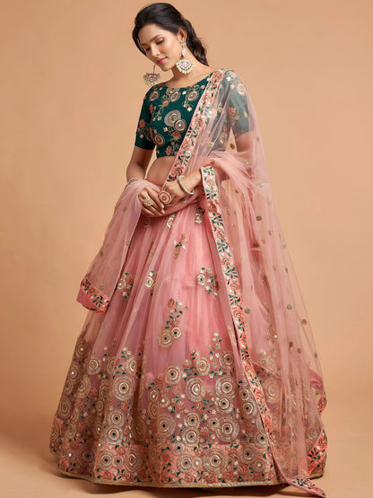 Tulsi Art Peach Thread Embroidered Net Party Wear Lehenga Choli