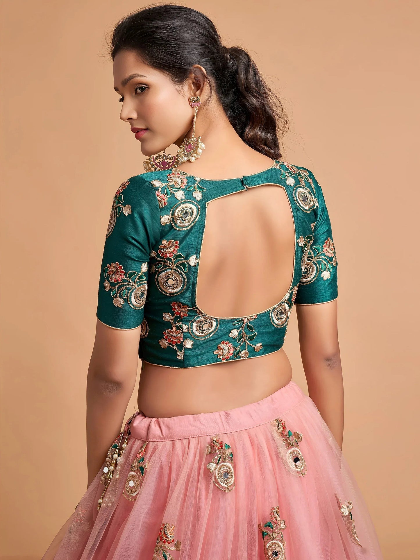 Tulsi Art Peach Thread Embroidered Net Party Wear Lehenga Choli