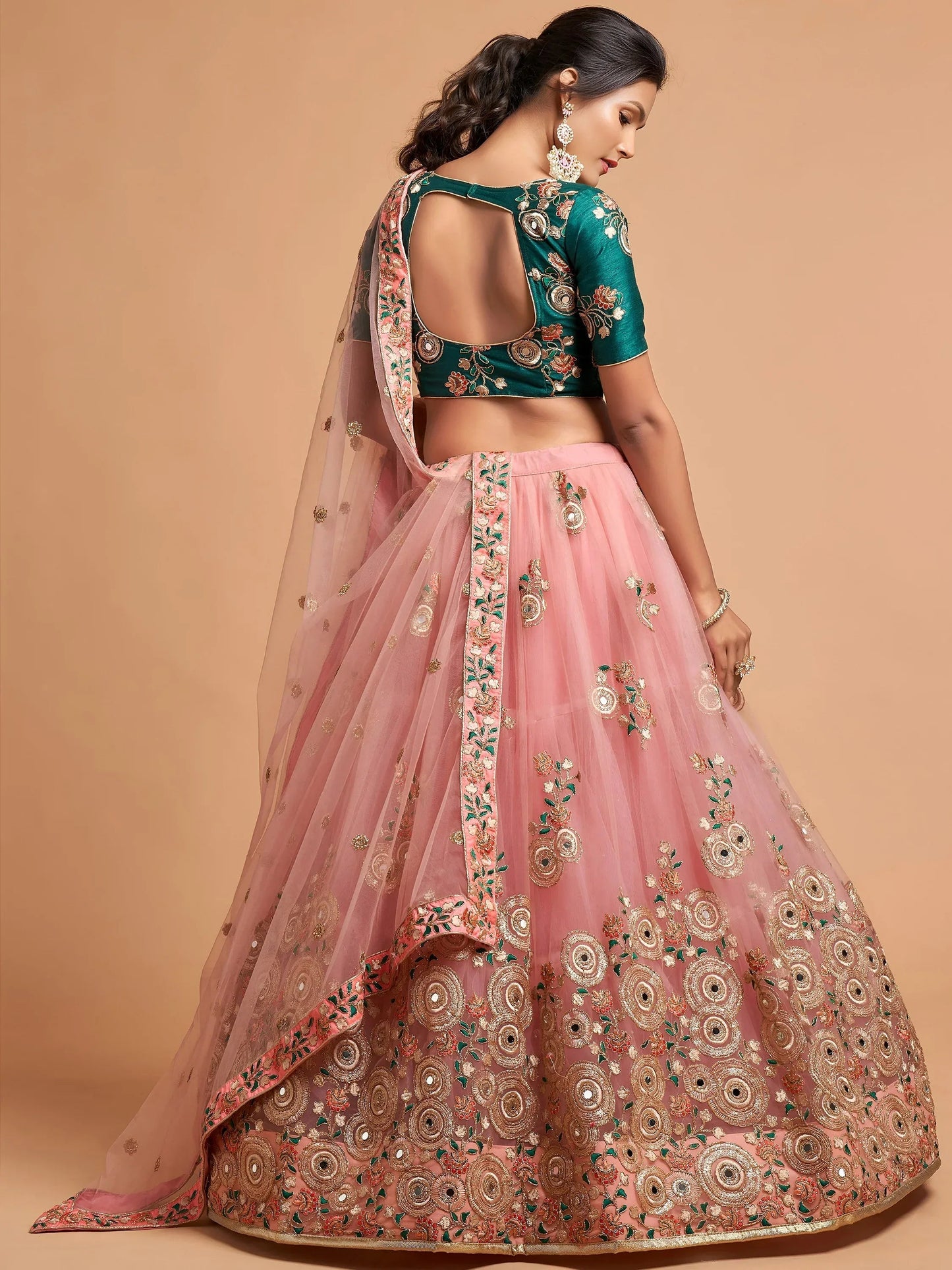 Tulsi Art Peach Thread Embroidered Net Party Wear Lehenga Choli