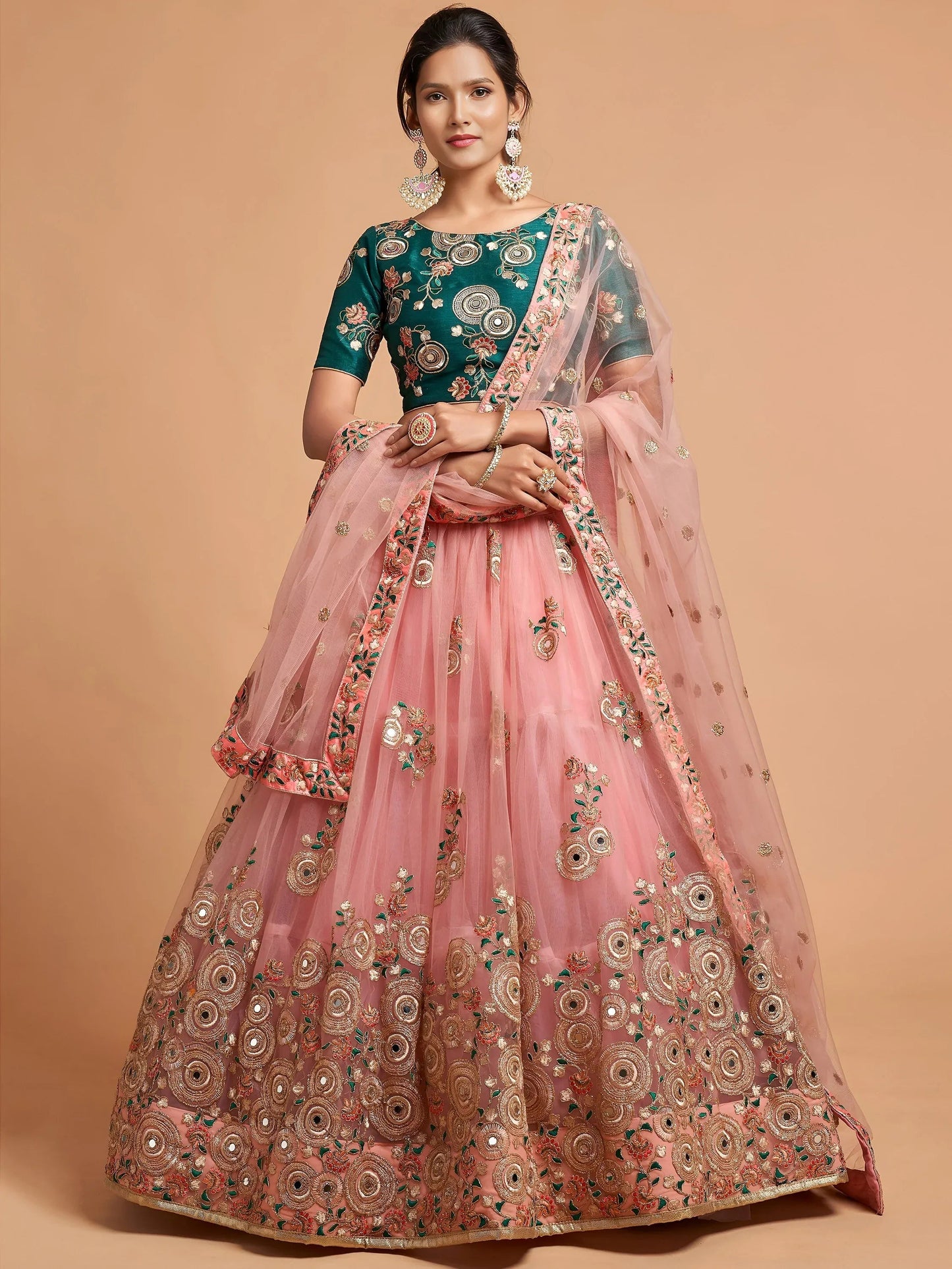 Tulsi Art Peach Thread Embroidered Net Party Wear Lehenga Choli