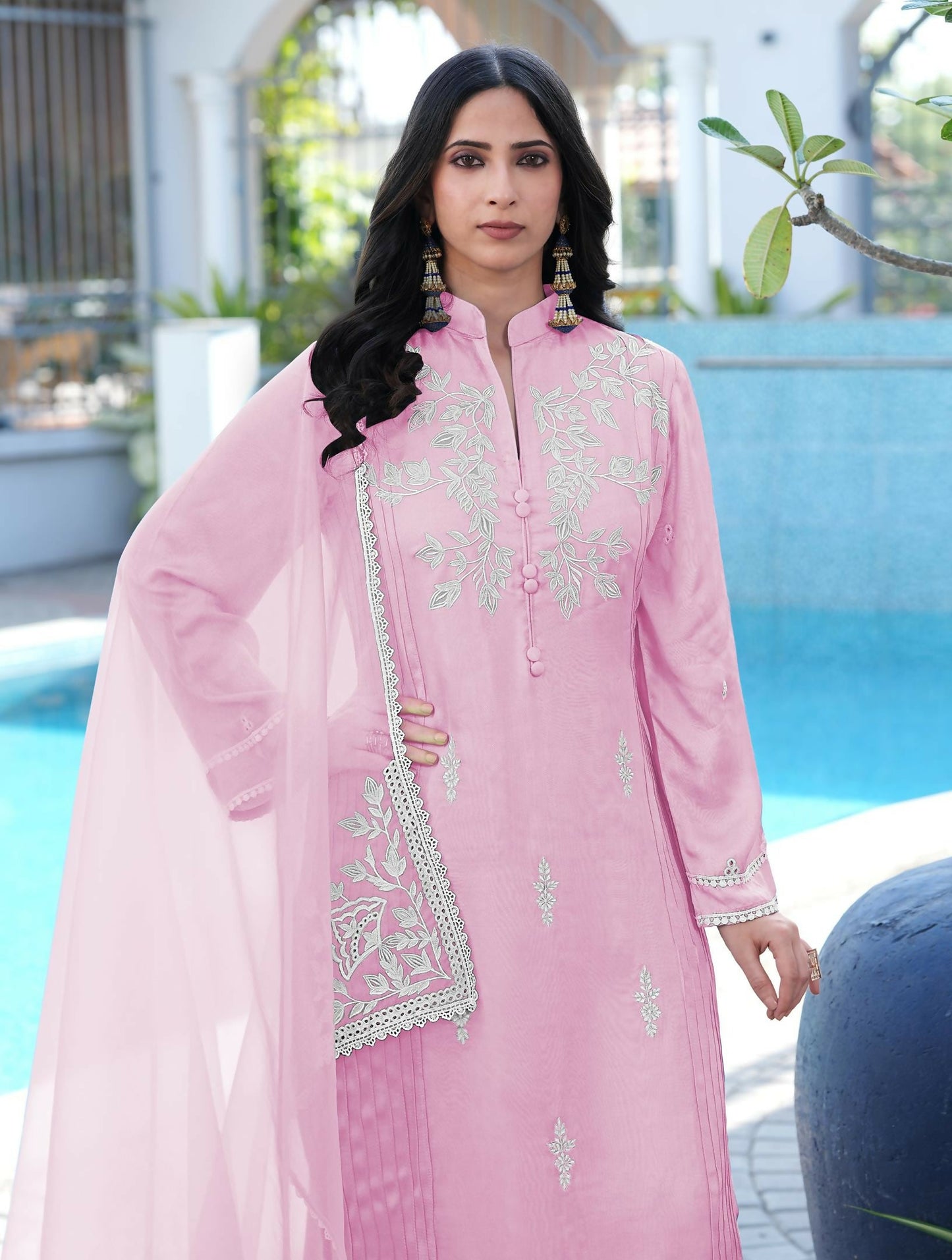 Nikhaar Light Pink Embroidered Modal Silk Stitched Straight Cut Kurta Pants Dupatta Readymade Suit