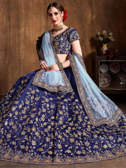 Tulsi Art Navy Blue Sequins Raw Silk Bridal Lehenga Choli With Sky Blue Dupatta