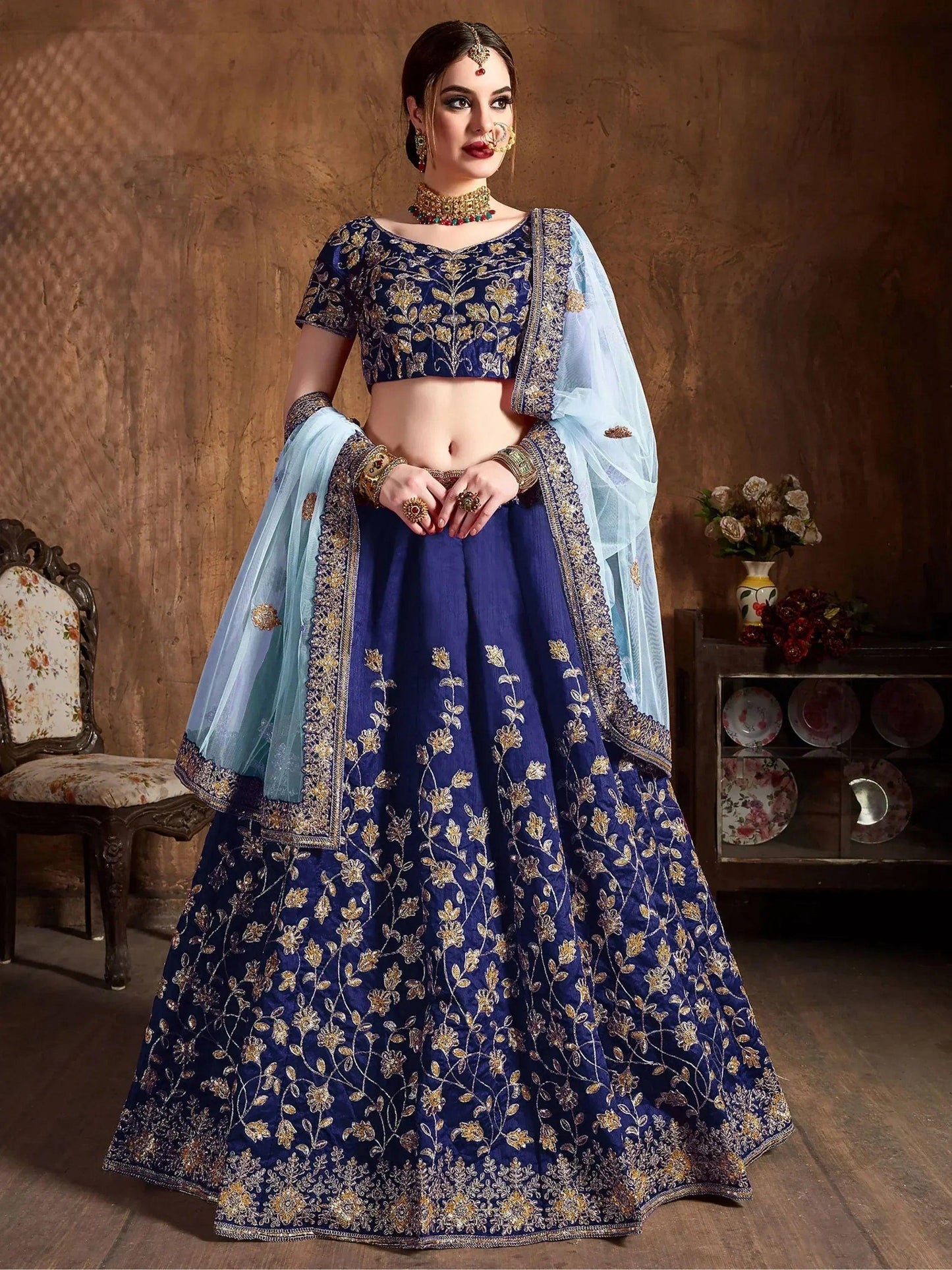 Tulsi Art Navy Blue Sequins Raw Silk Bridal Lehenga Choli With Sky Blue Dupatta