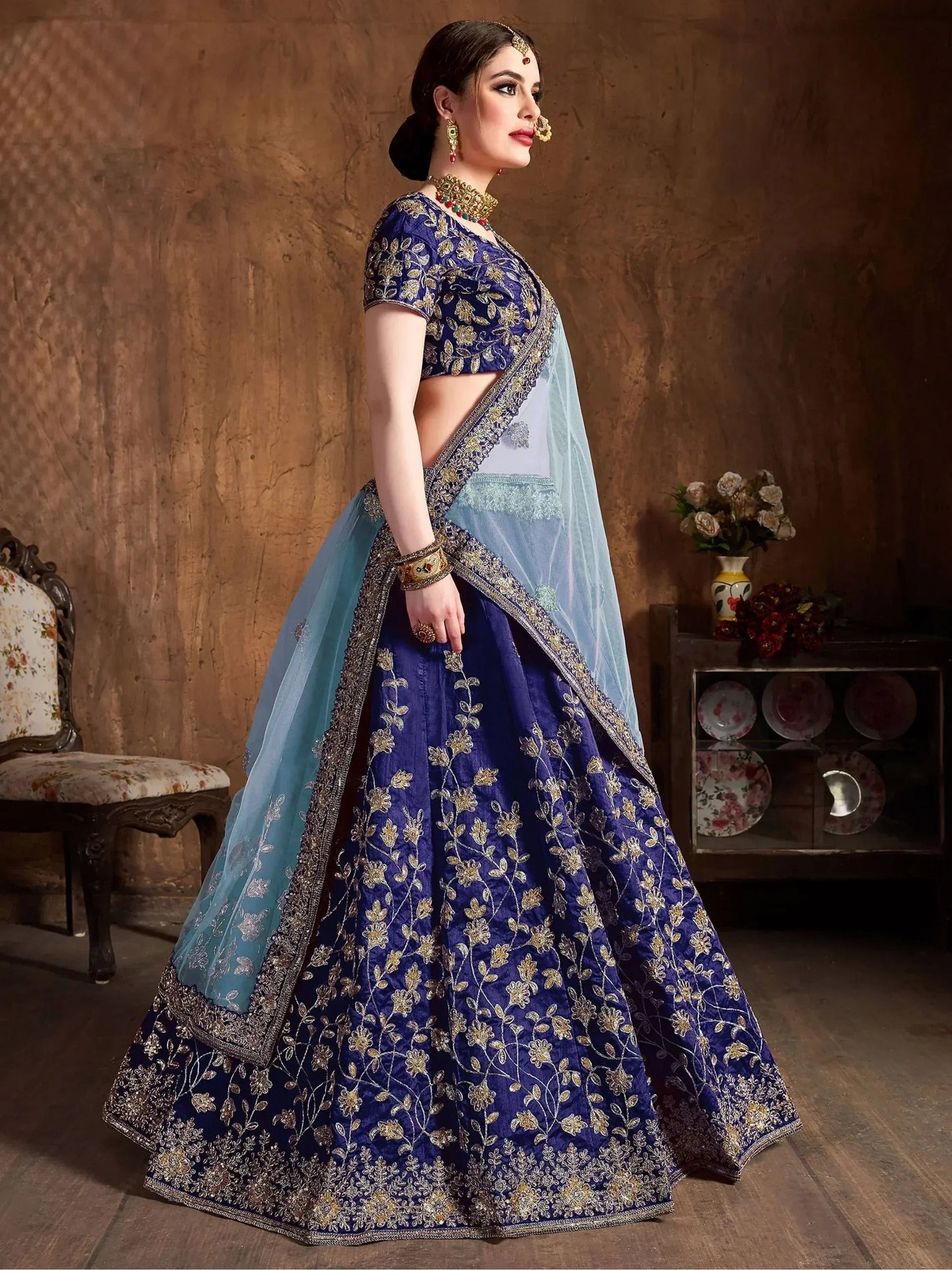 Tulsi Art Navy Blue Sequins Raw Silk Bridal Lehenga Choli With Sky Blue Dupatta