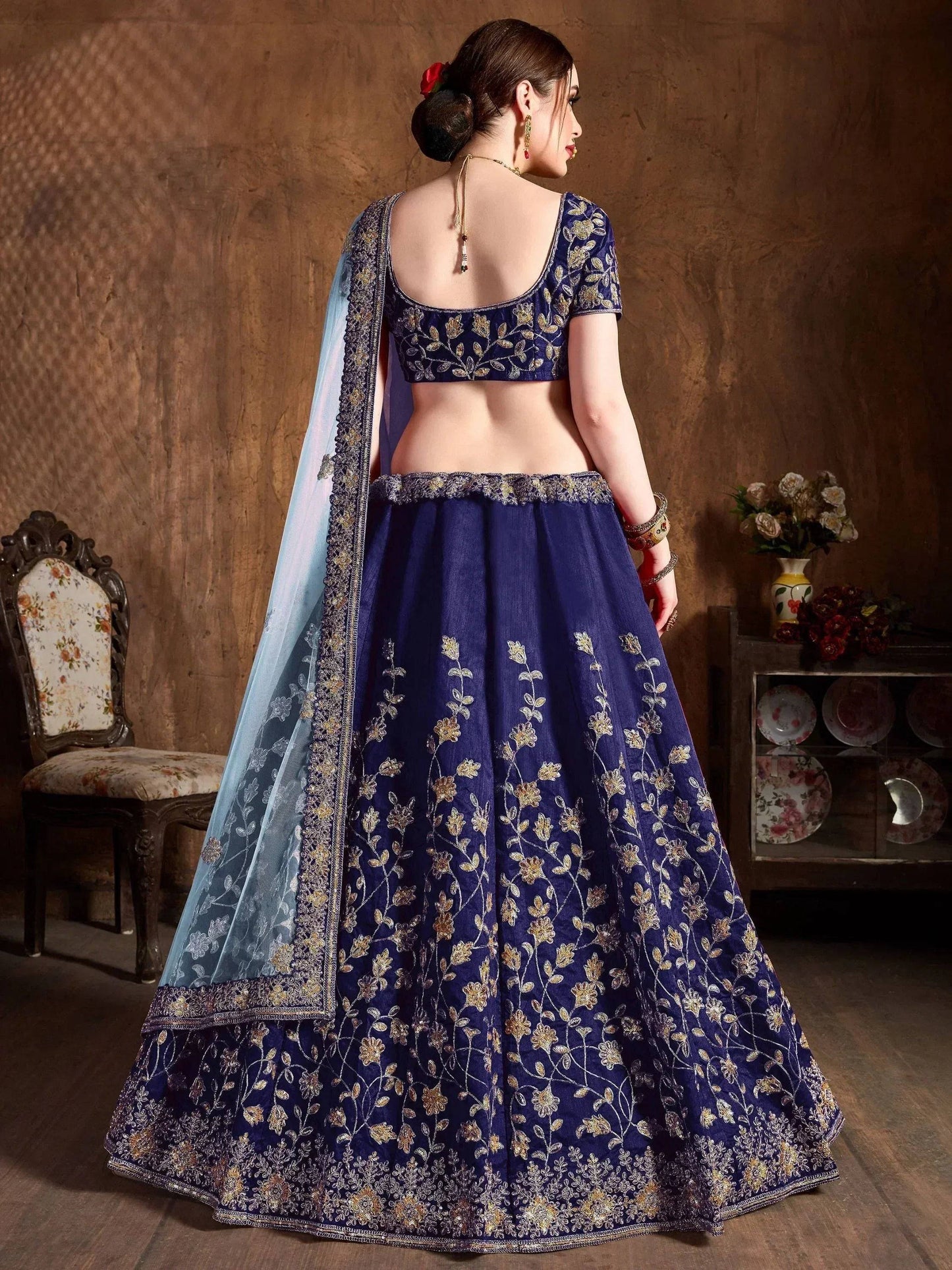 Tulsi Art Navy Blue Sequins Raw Silk Bridal Lehenga Choli With Sky Blue Dupatta