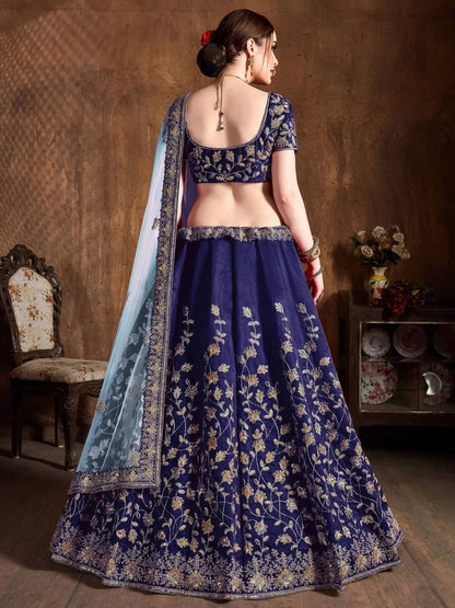 Tulsi Art Navy Blue Sequins Raw Silk Bridal Lehenga Choli With Sky Blue Dupatta