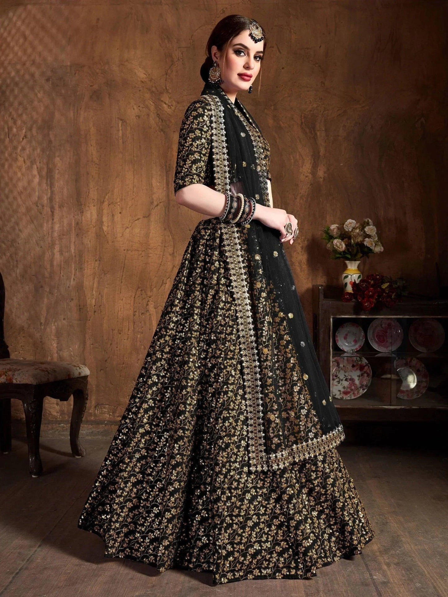 Tulsi Art Black Zari Embroidery Raw Silk Wedding Lehenga Choli With Dupatta
