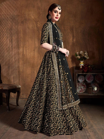 Tulsi Art Black Zari Embroidery Raw Silk Wedding Lehenga Choli With Dupatta
