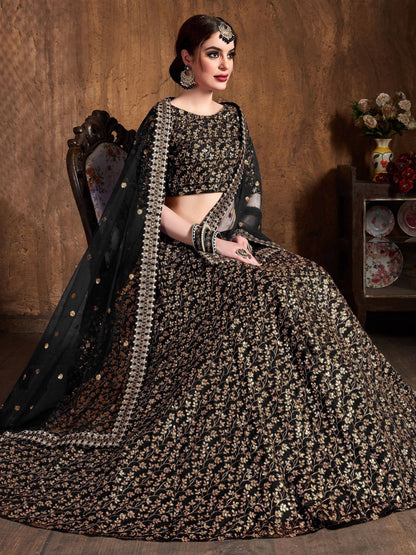 Tulsi Art Black Zari Embroidery Raw Silk Wedding Lehenga Choli With Dupatta