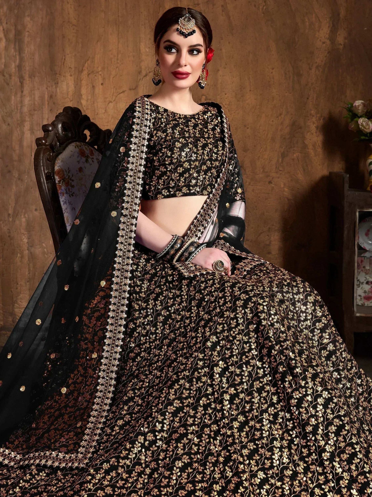 Tulsi Art Black Zari Embroidery Raw Silk Wedding Lehenga Choli With Dupatta