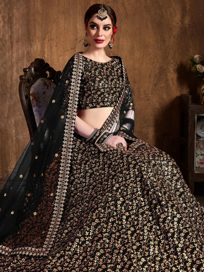 Tulsi Art Black Zari Embroidery Raw Silk Wedding Lehenga Choli With Dupatta