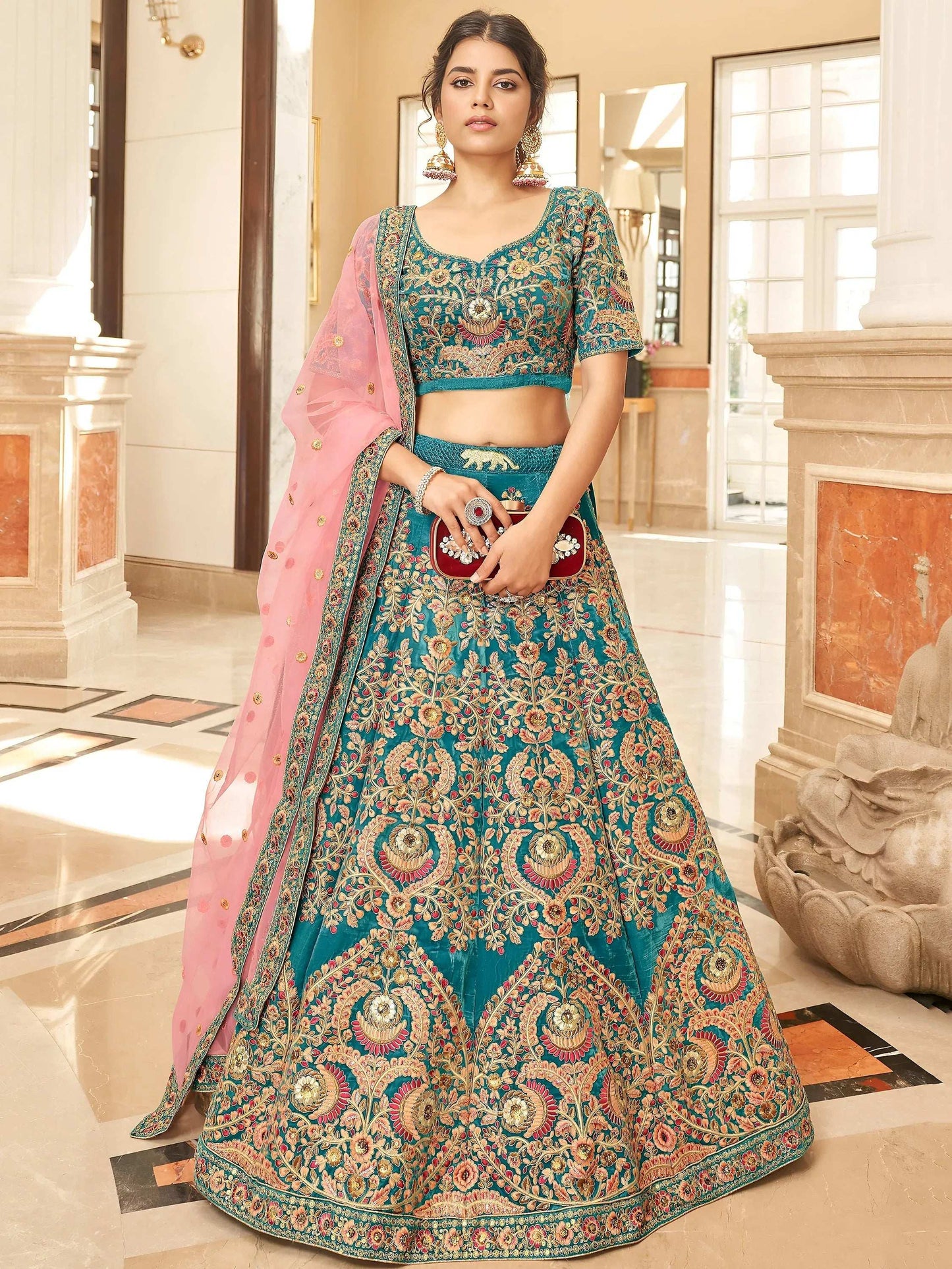 Tulsi Art Ravishing Teal Blue Heavy Embroidered Velvet Bridesmaid Lehenga Choli
