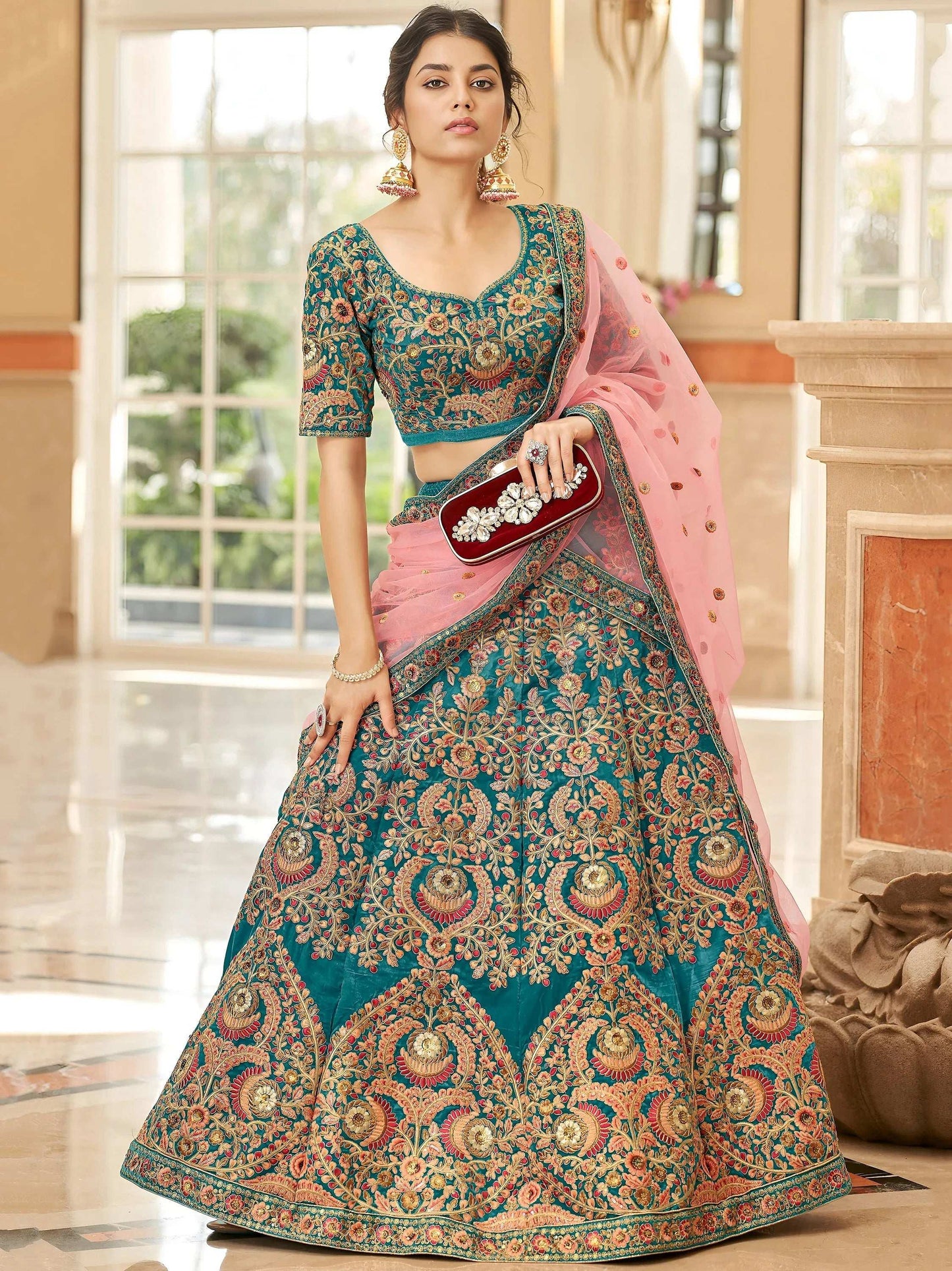 Tulsi Art Ravishing Teal Blue Heavy Embroidered Velvet Bridesmaid Lehenga Choli