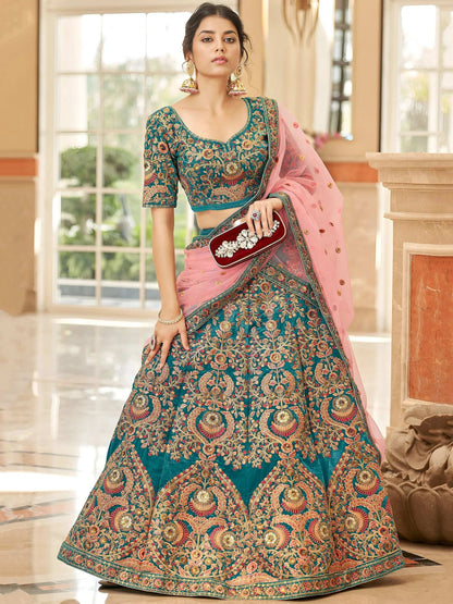 Tulsi Art Ravishing Teal Blue Heavy Embroidered Velvet Bridesmaid Lehenga Choli