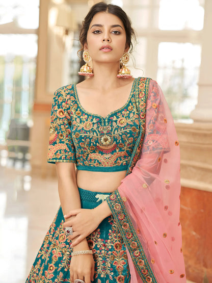 Tulsi Art Ravishing Teal Blue Heavy Embroidered Velvet Bridesmaid Lehenga Choli