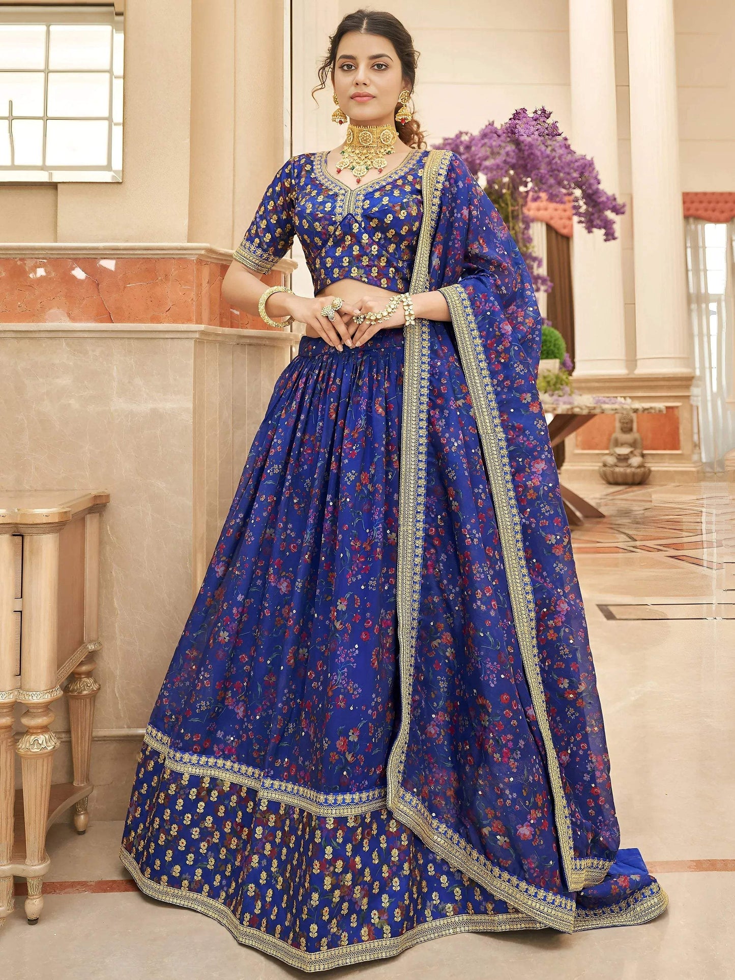 Tulsi Art Wondrous Blue Digital Printed Organza Engagement Wear Lehenga Choli