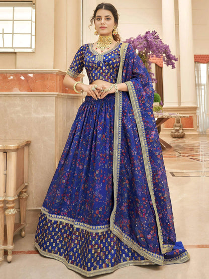 Tulsi Art Wondrous Blue Digital Printed Organza Engagement Wear Lehenga Choli
