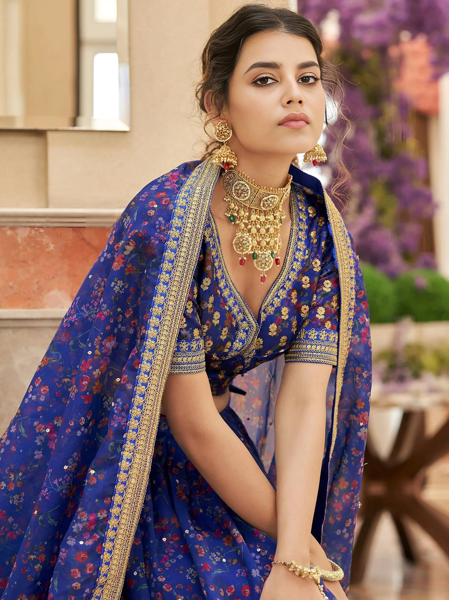 Tulsi Art Wondrous Blue Digital Printed Organza Engagement Wear Lehenga Choli