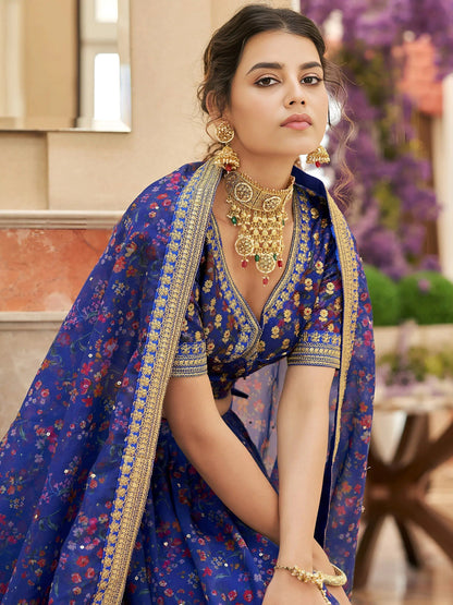 Tulsi Art Wondrous Blue Digital Printed Organza Engagement Wear Lehenga Choli