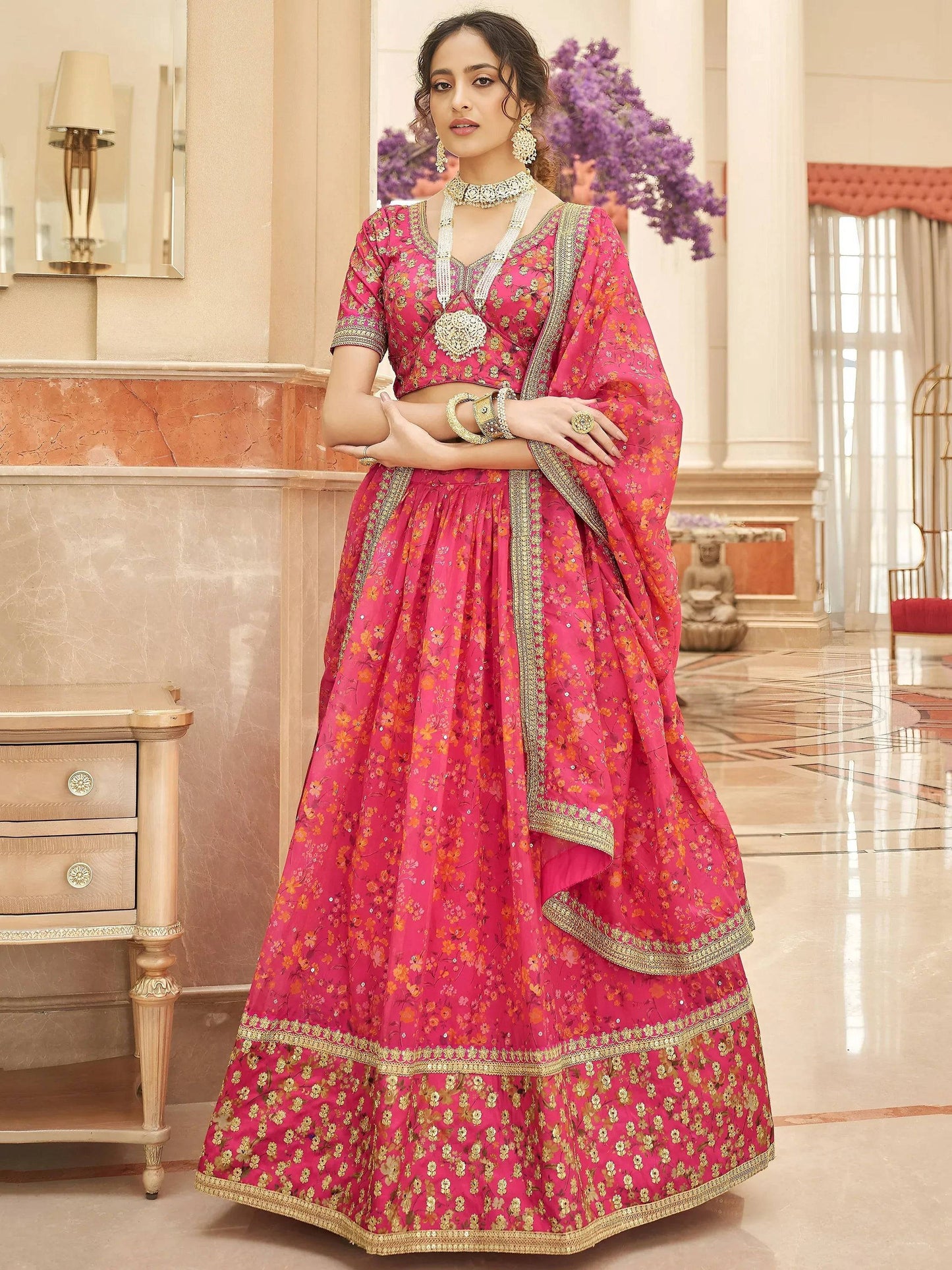Tulsi Art Phenomenal Pink Floral Printed Organza Reception Wear Lehenga Choli