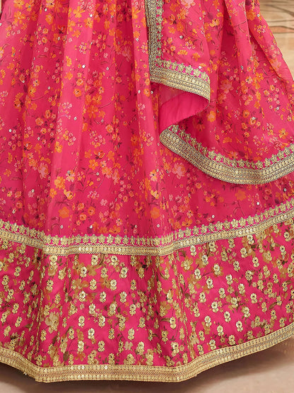 Tulsi Art Phenomenal Pink Floral Printed Organza Reception Wear Lehenga Choli