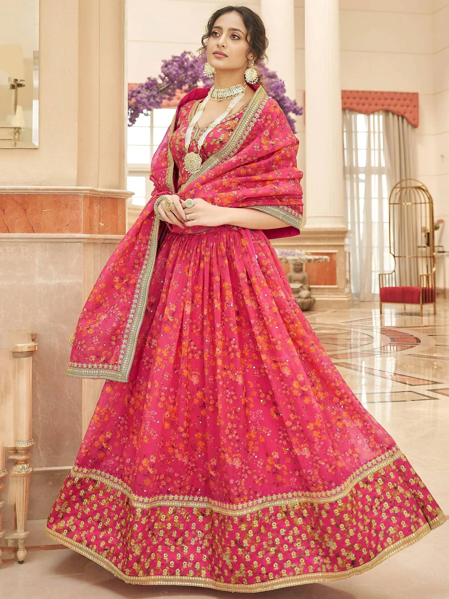 Tulsi Art Phenomenal Pink Floral Printed Organza Reception Wear Lehenga Choli