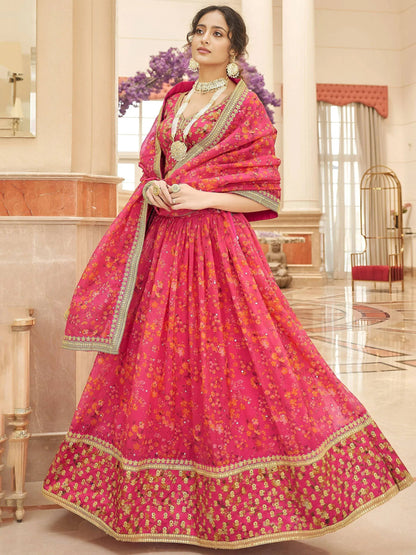 Tulsi Art Phenomenal Pink Floral Printed Organza Reception Wear Lehenga Choli