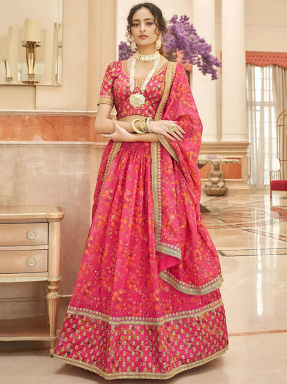 Tulsi Art Phenomenal Pink Floral Printed Organza Reception Wear Lehenga Choli