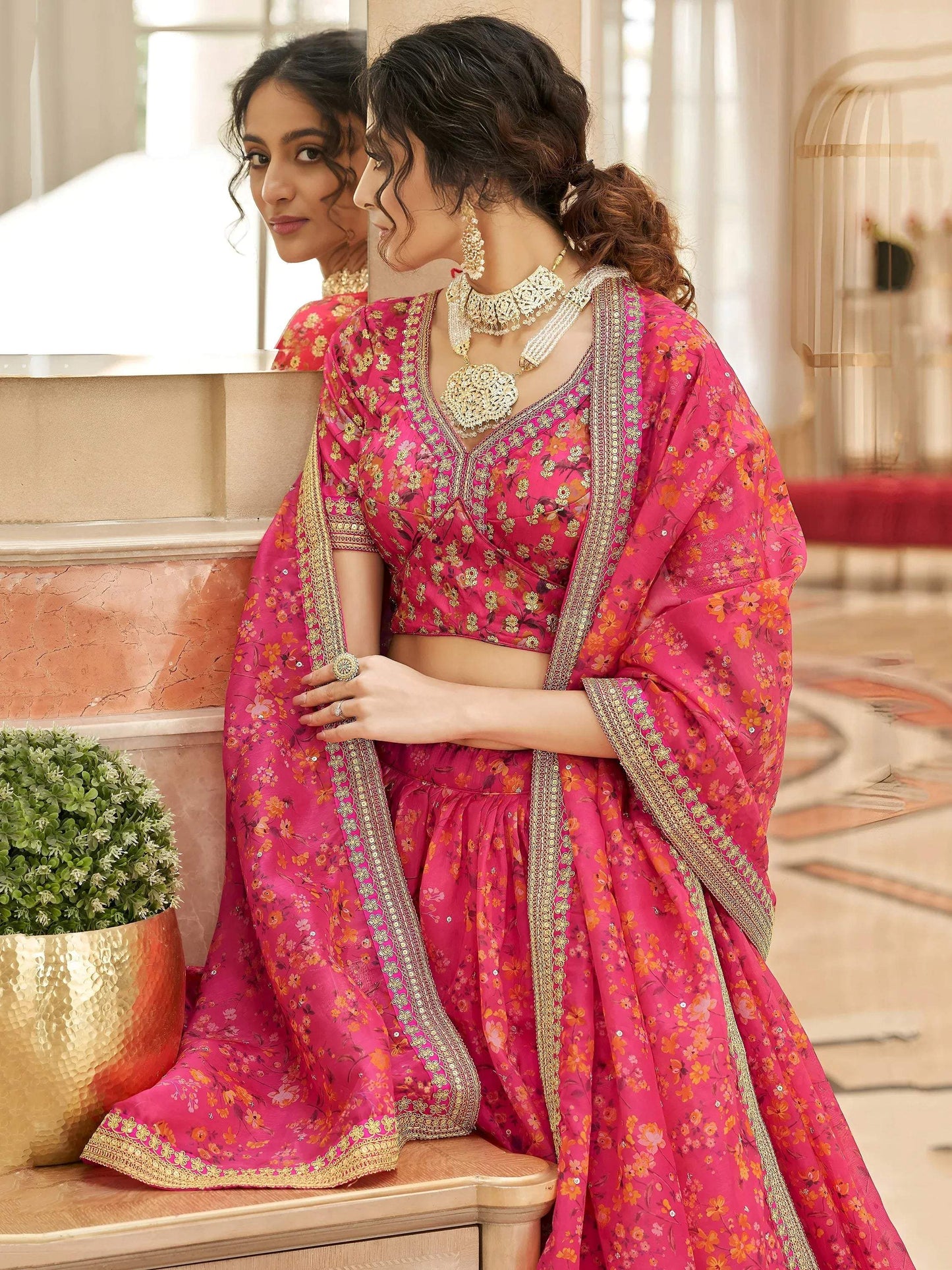 Tulsi Art Phenomenal Pink Floral Printed Organza Reception Wear Lehenga Choli