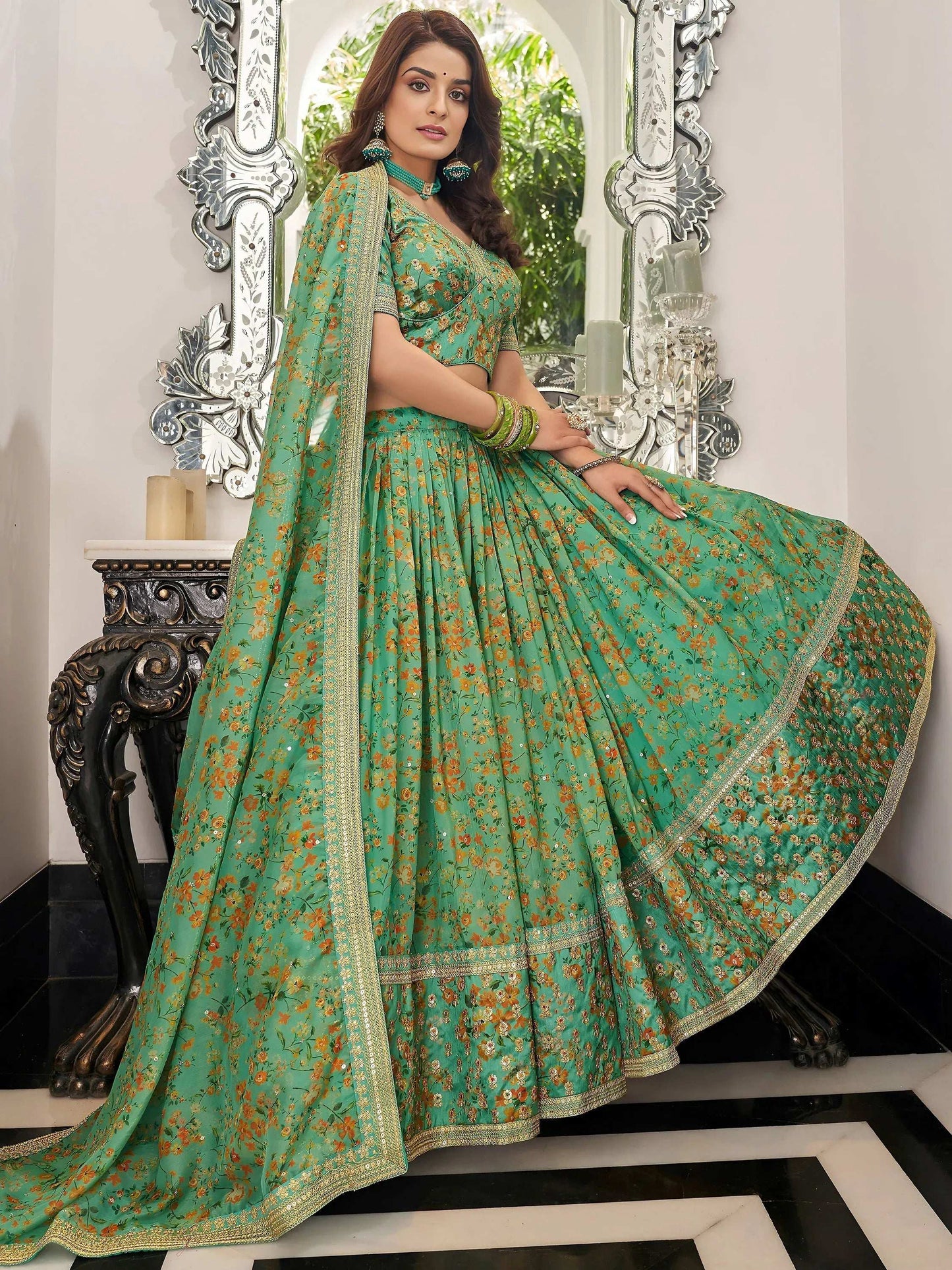 Tulsi Art Mesmerizing Green Floral Printed Organza Mehendi Wear Lehenga Choli