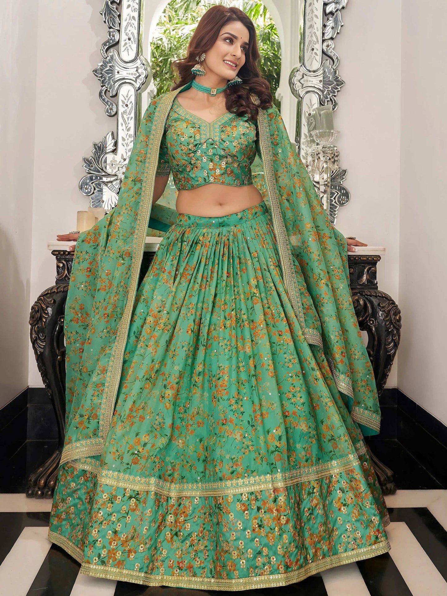 Tulsi Art Mesmerizing Green Floral Printed Organza Mehendi Wear Lehenga Choli