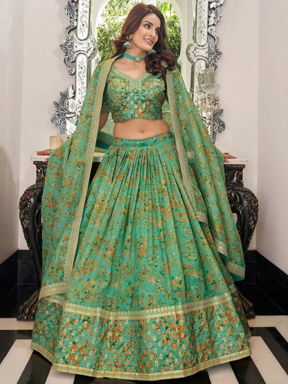 Tulsi Art Mesmerizing Green Floral Printed Organza Mehendi Wear Lehenga Choli