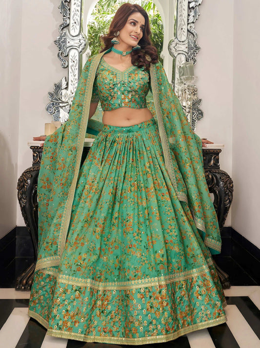 Tulsi Art Mesmerizing Green Floral Printed Organza Mehendi Wear Lehenga Choli