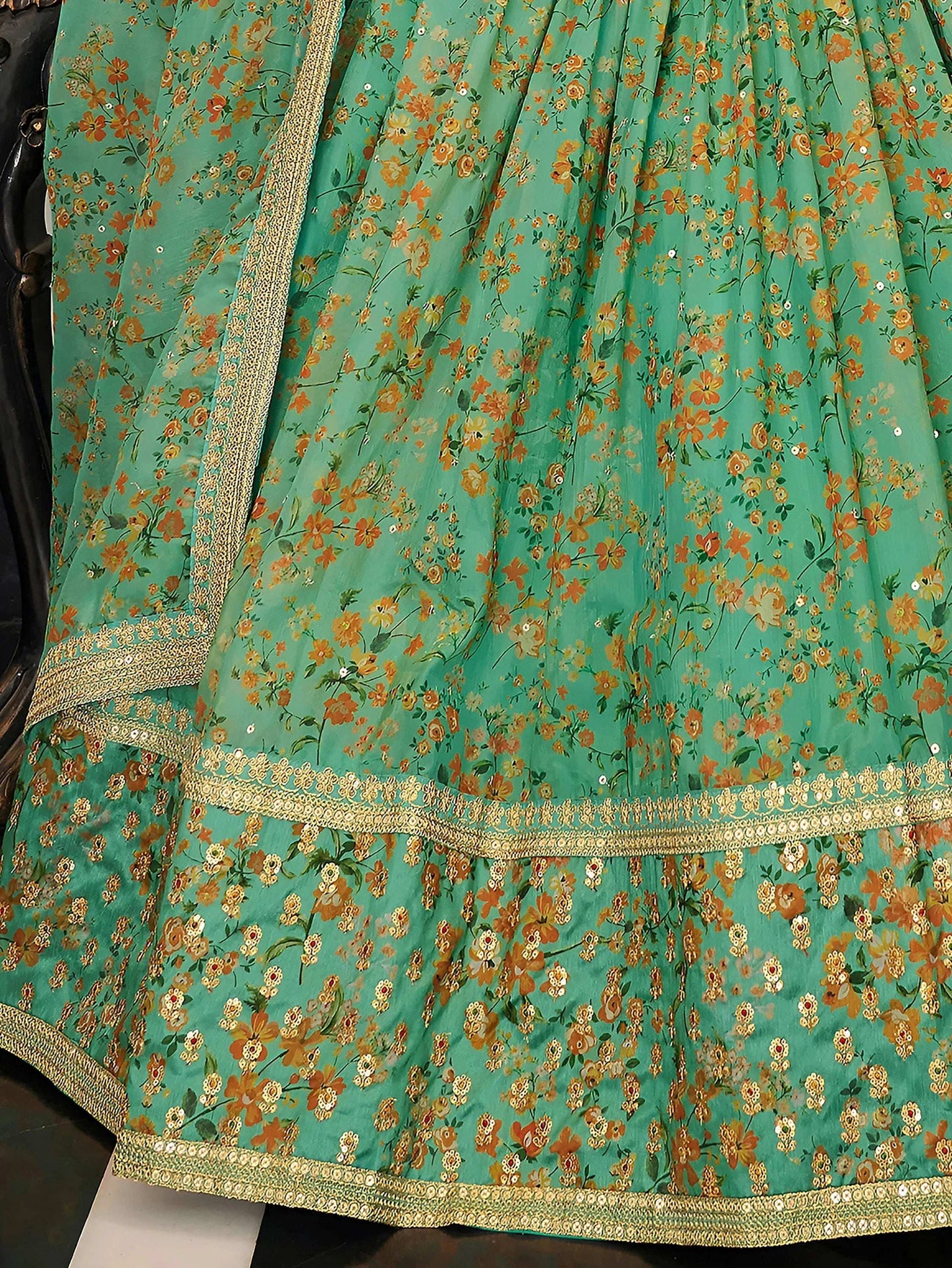 Tulsi Art Mesmerizing Green Floral Printed Organza Mehendi Wear Lehenga Choli